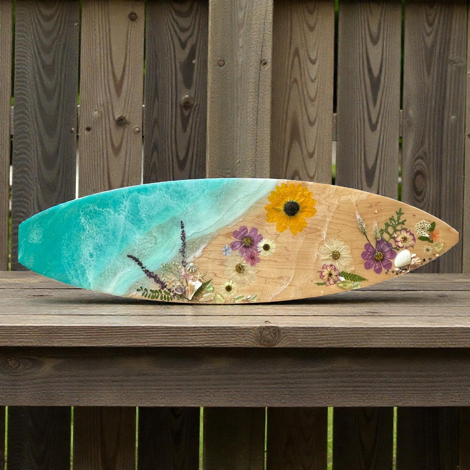Surfboard Ocean Resin and Floral Original Art