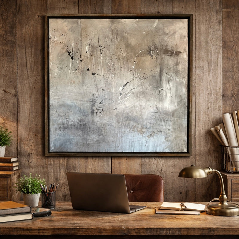 Abstract artwork with custom made floater frame made out of barn wood
