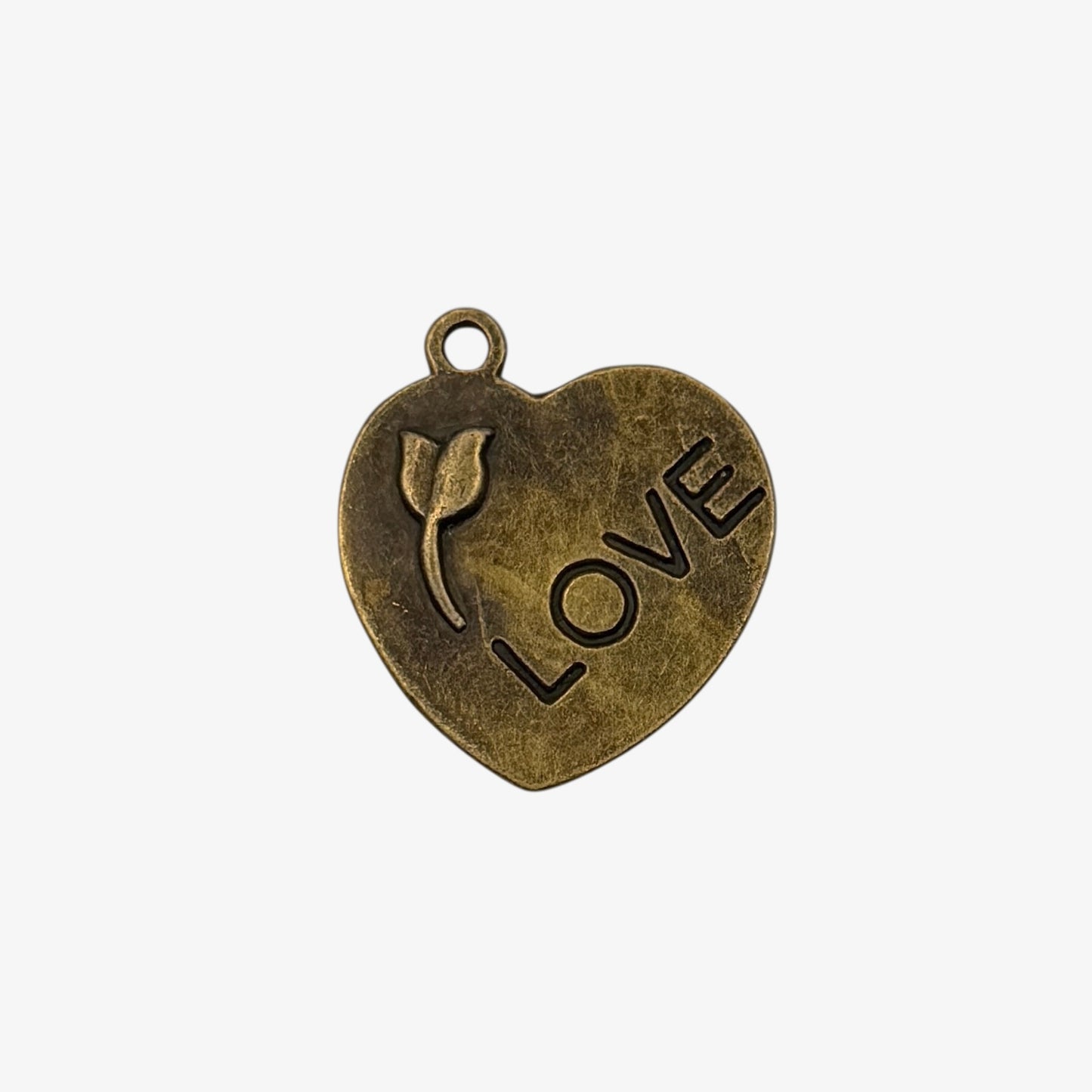 Bronze heart-shaped pendant with 'LOVE' and a tulip design on a white background