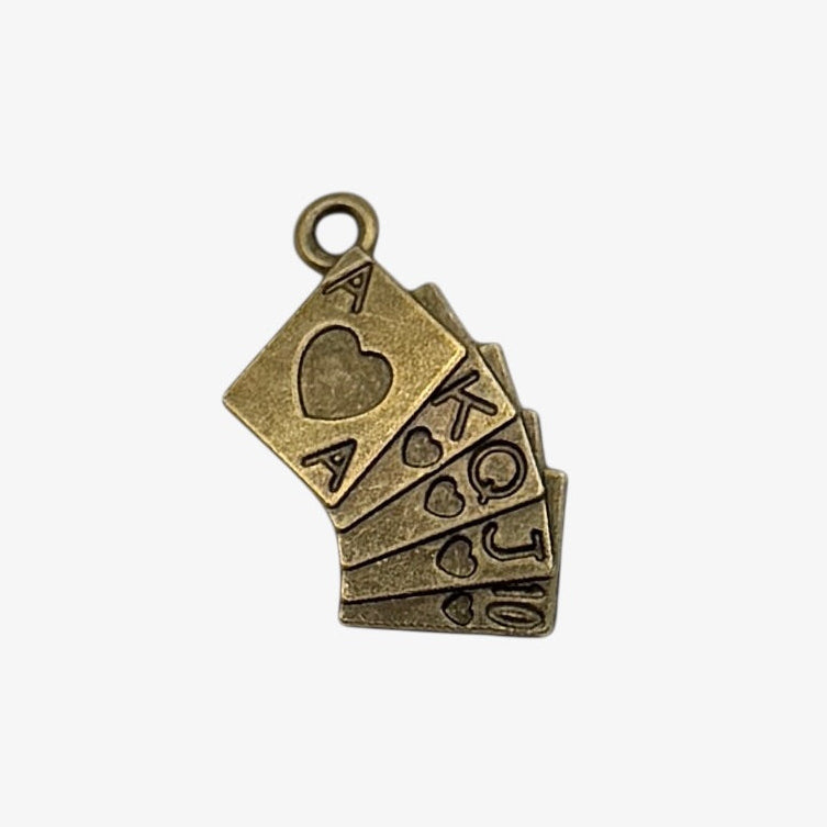Bronze-colored playing card charm on a white background