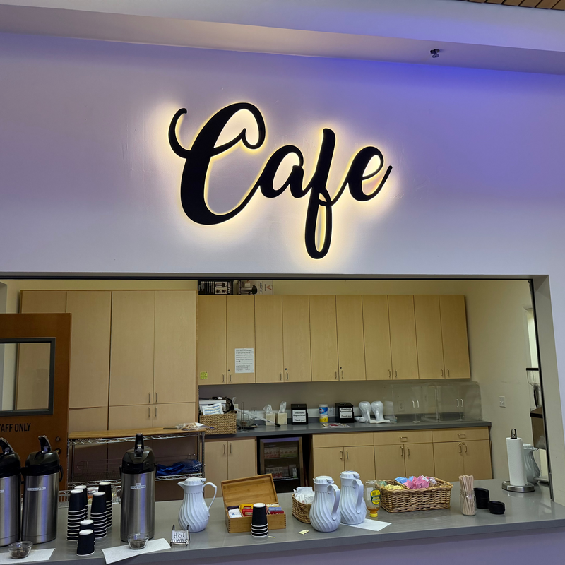 Custom sign made from acrylic with LED lighting for a church cafe