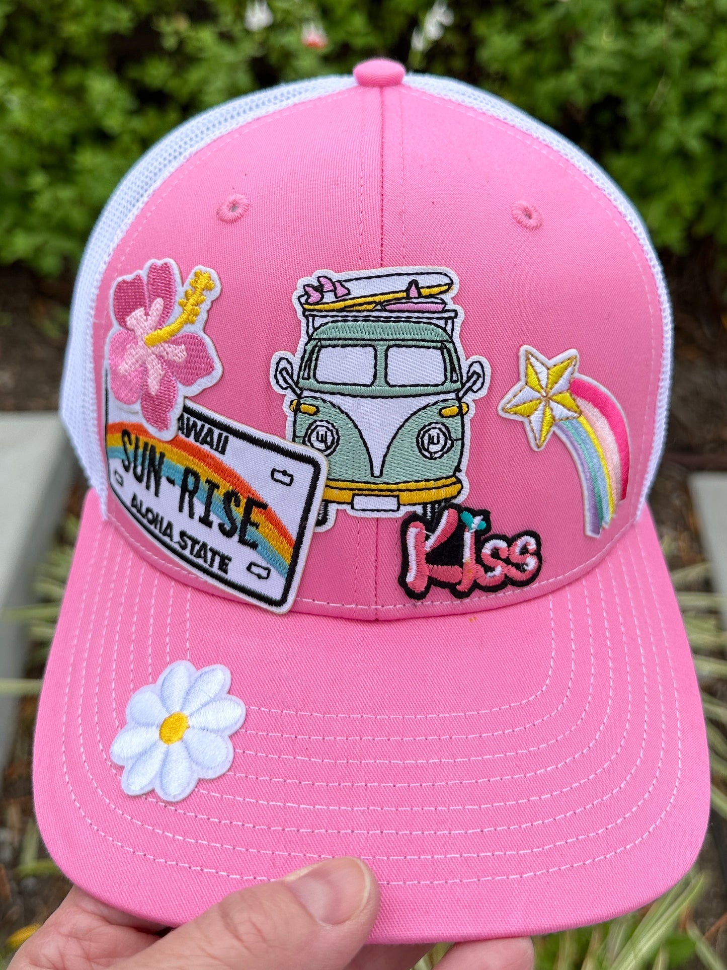 Pink and white snapback hawaii inspried trucker hat