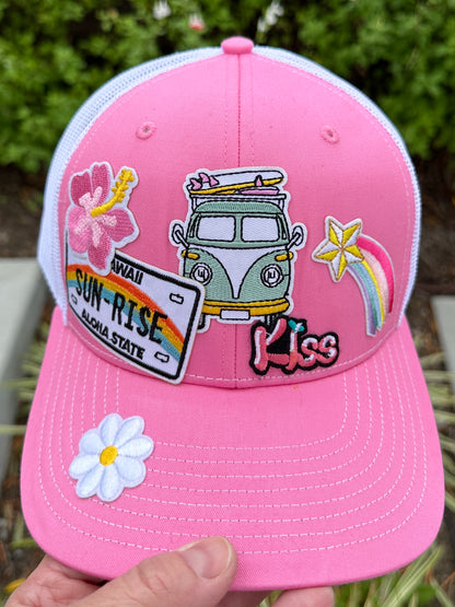 Pink and white snapback hawaii inspried trucker hat