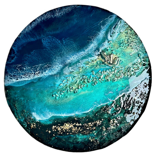 Round original art painting with blue and green abstract design