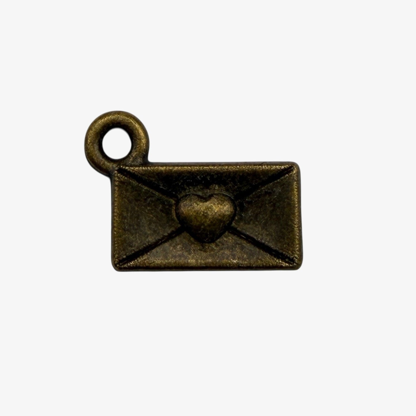 Bronze-colored envelope charm with a heart on a white background