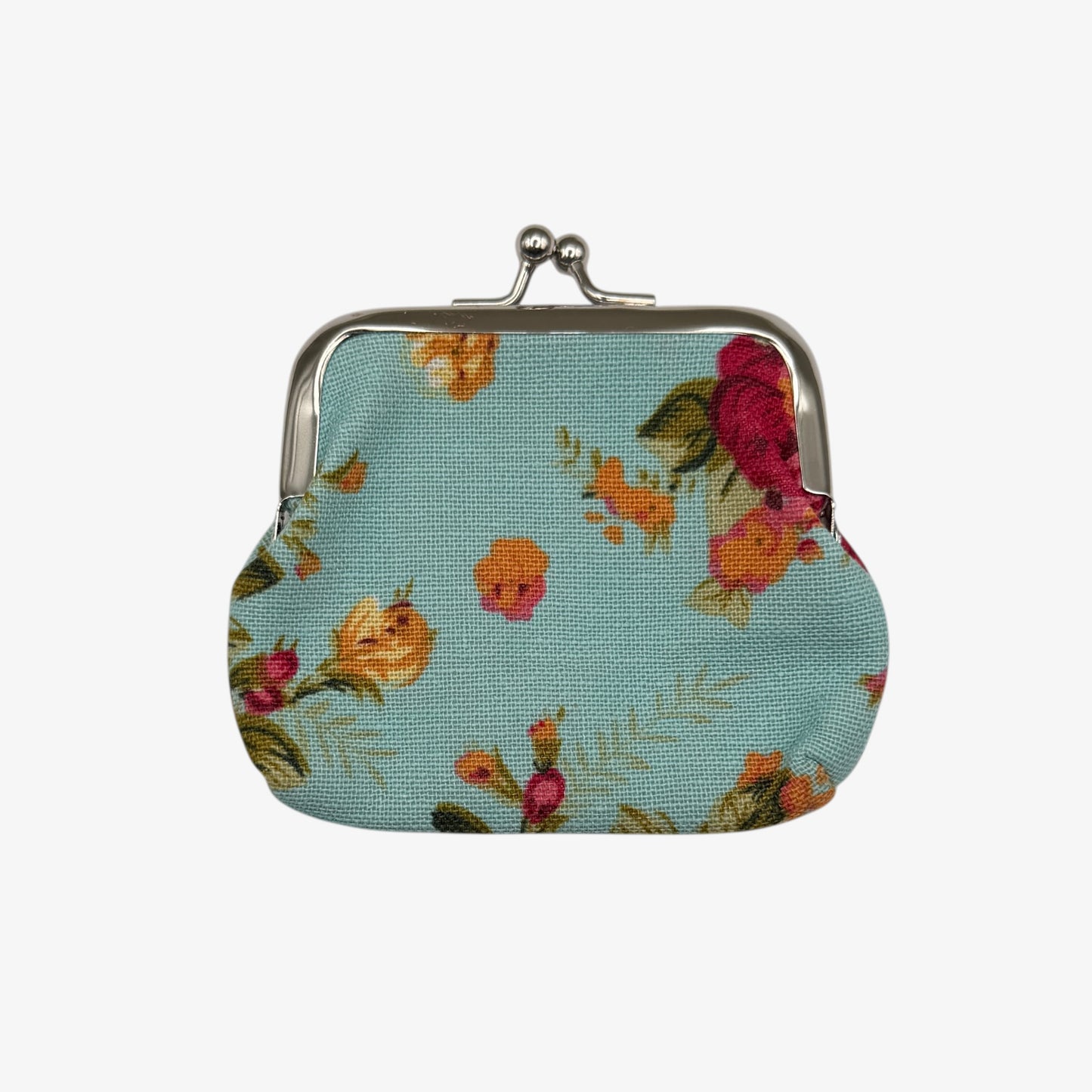 Floral-patterned coin purse on a white background