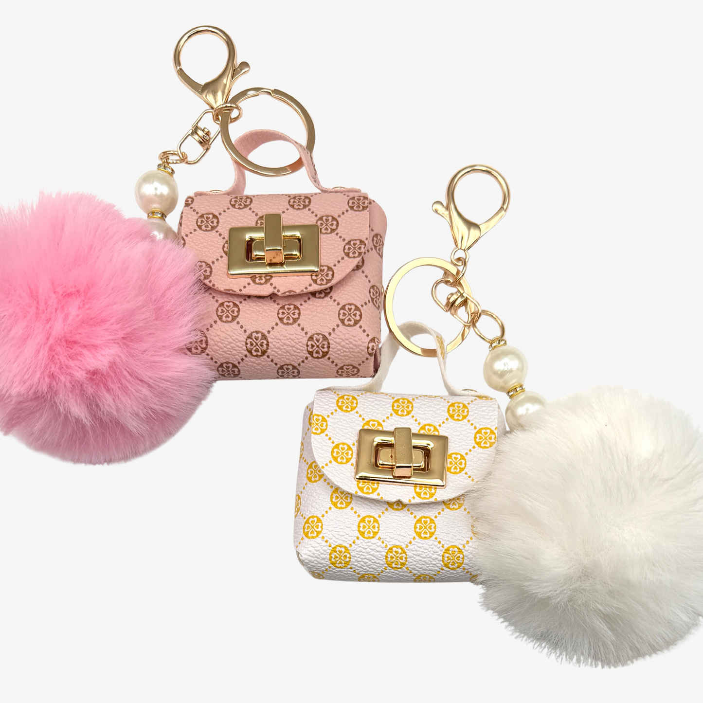 Cute pink and white mini purse bag clip keyrings with pom poms
