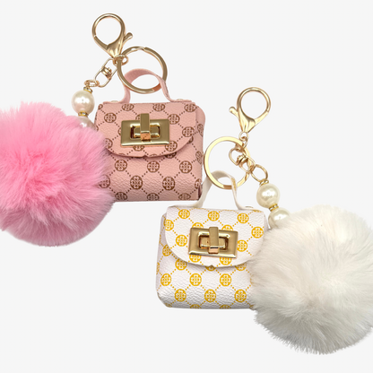 Cute pink and white mini purse bag clip keyrings with pom poms