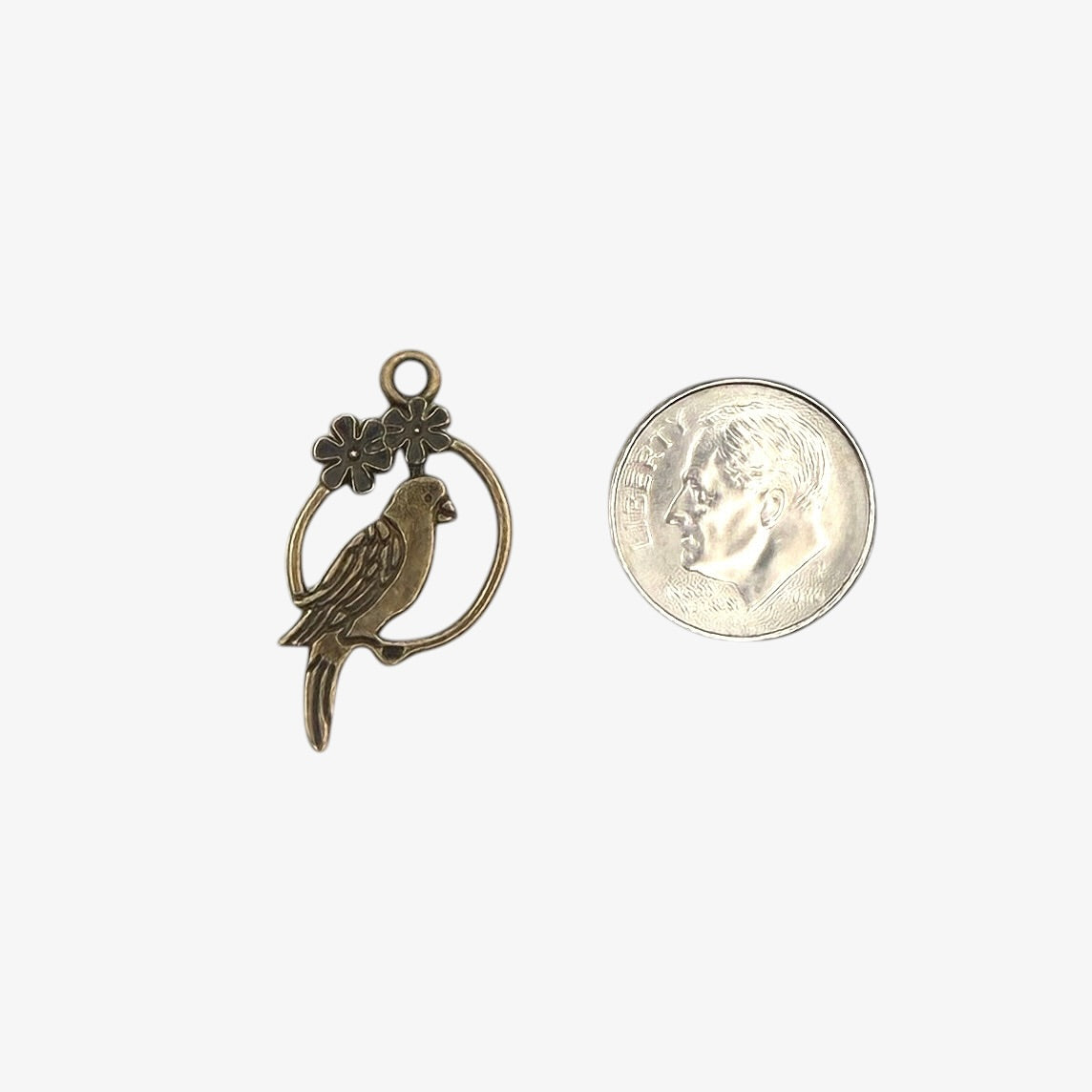 Bronze parrot pendant next to a quarter for scale on a white background