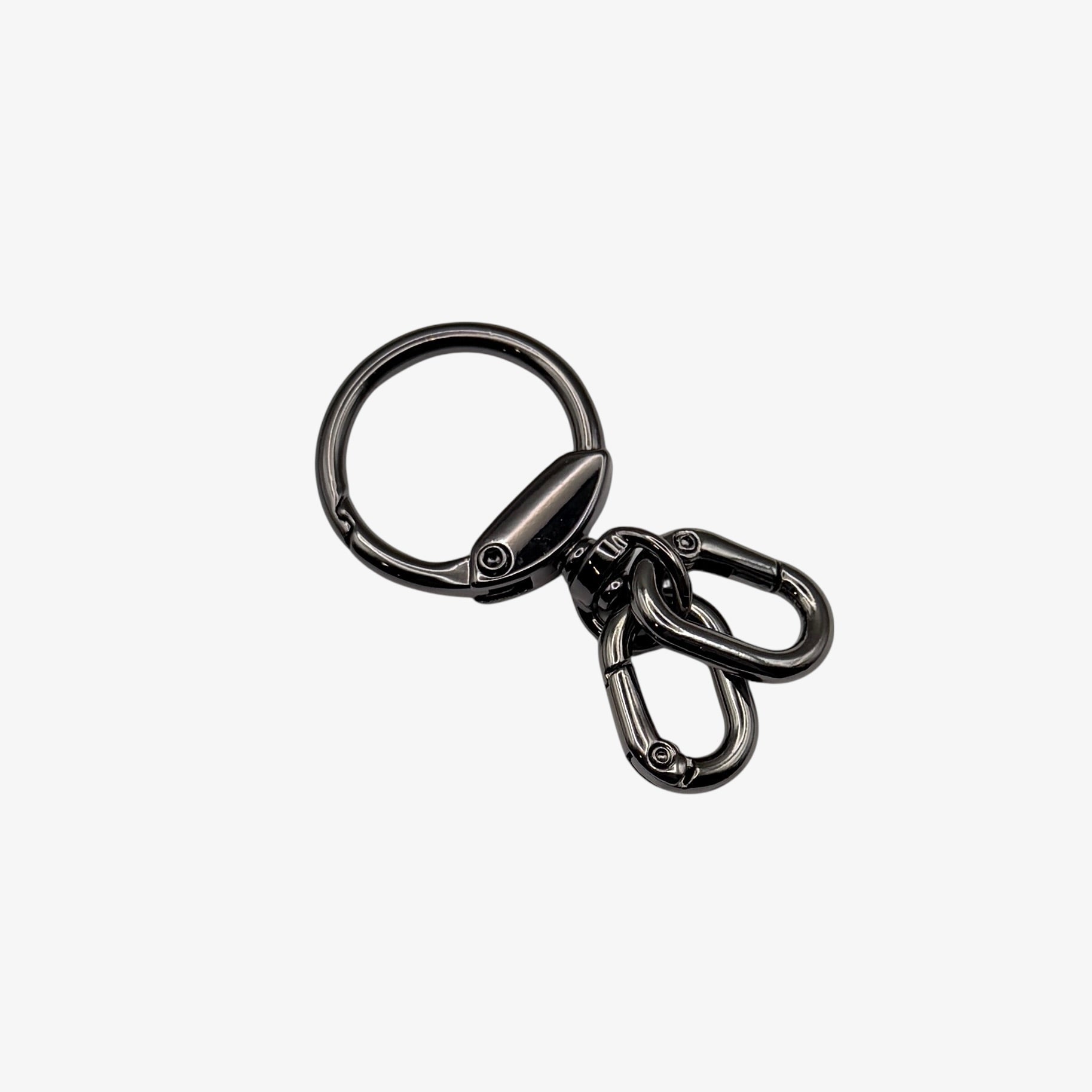 Black metal keychain with a clip on a white background